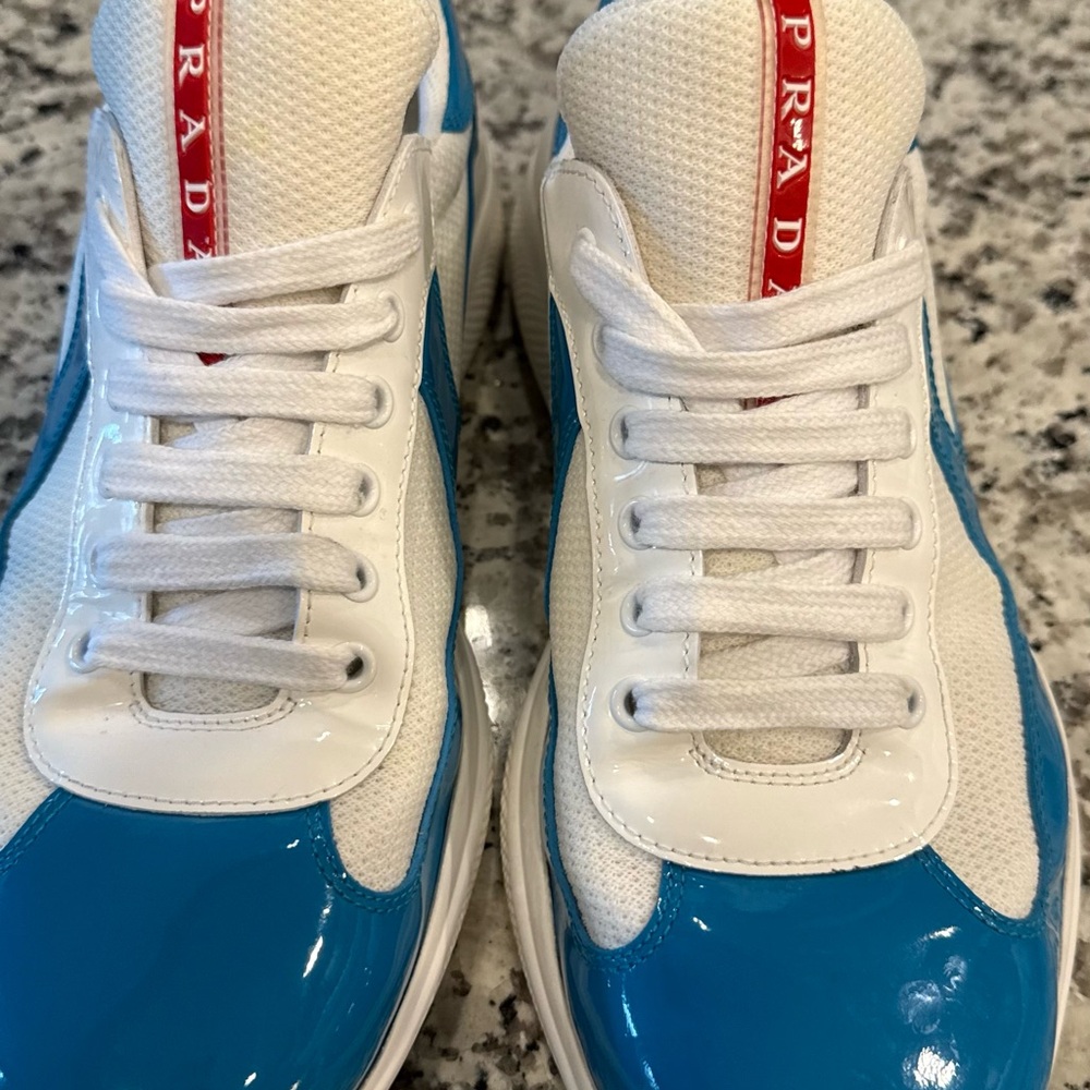 Prada White & Turquoise Mesh Patent Sneakers